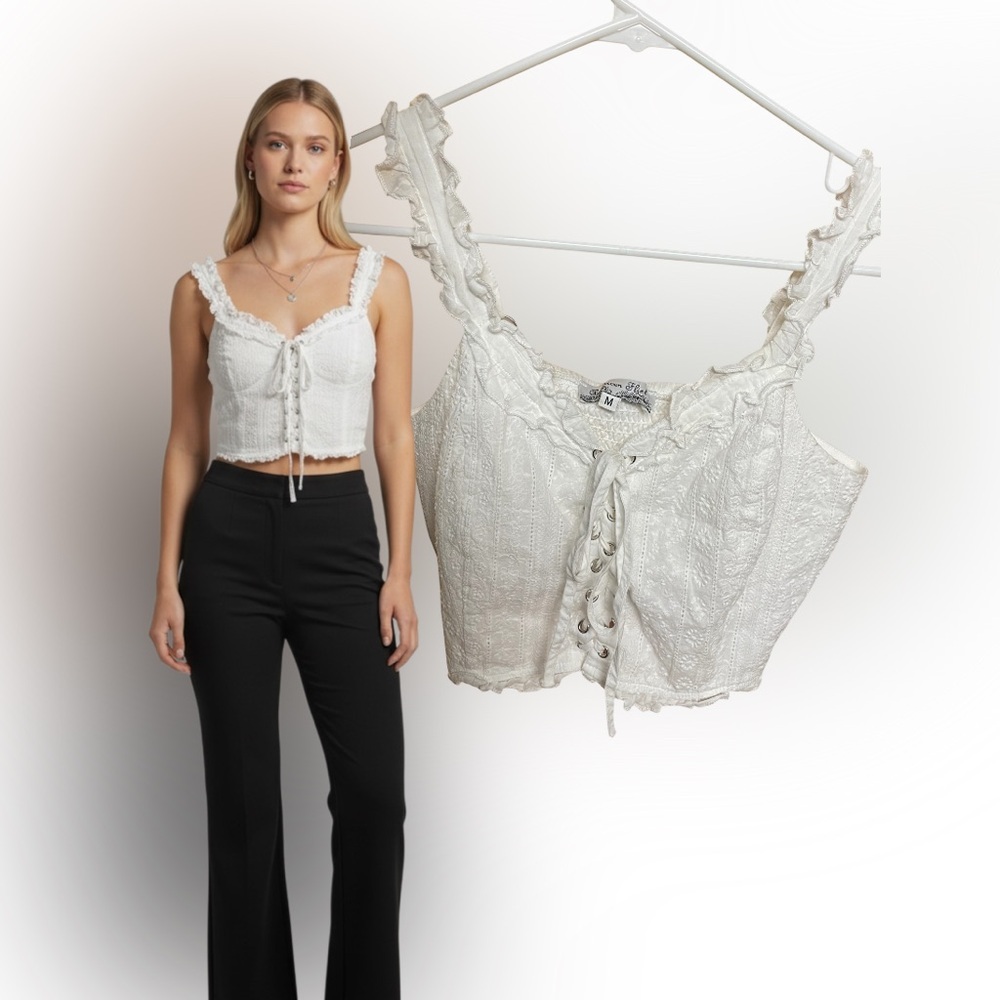 White Cotton Corset Top Ruffle Tie Front American Flirt Smocked Medium